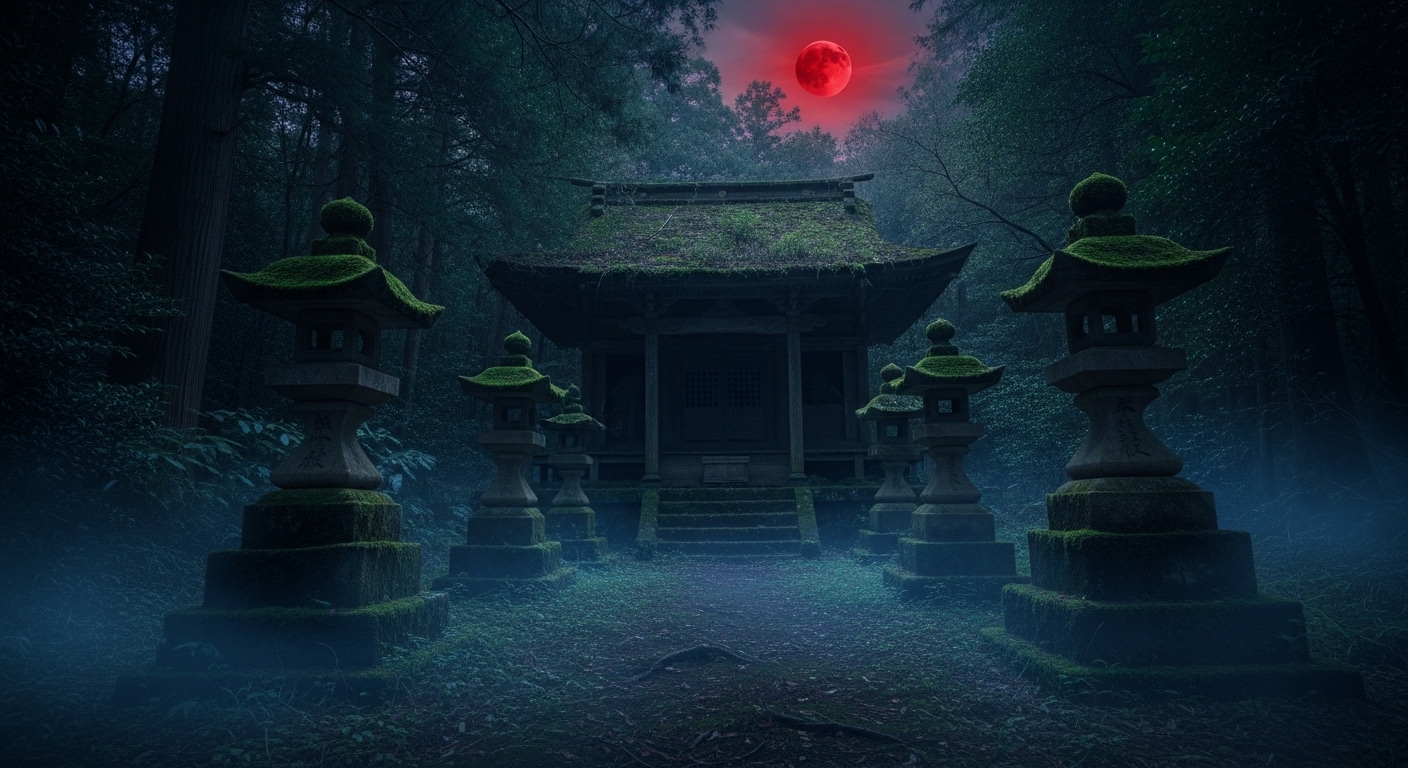 八王子の心霊スポットをイメージした、深い森の中に佇む不気味な廃墟と霧。