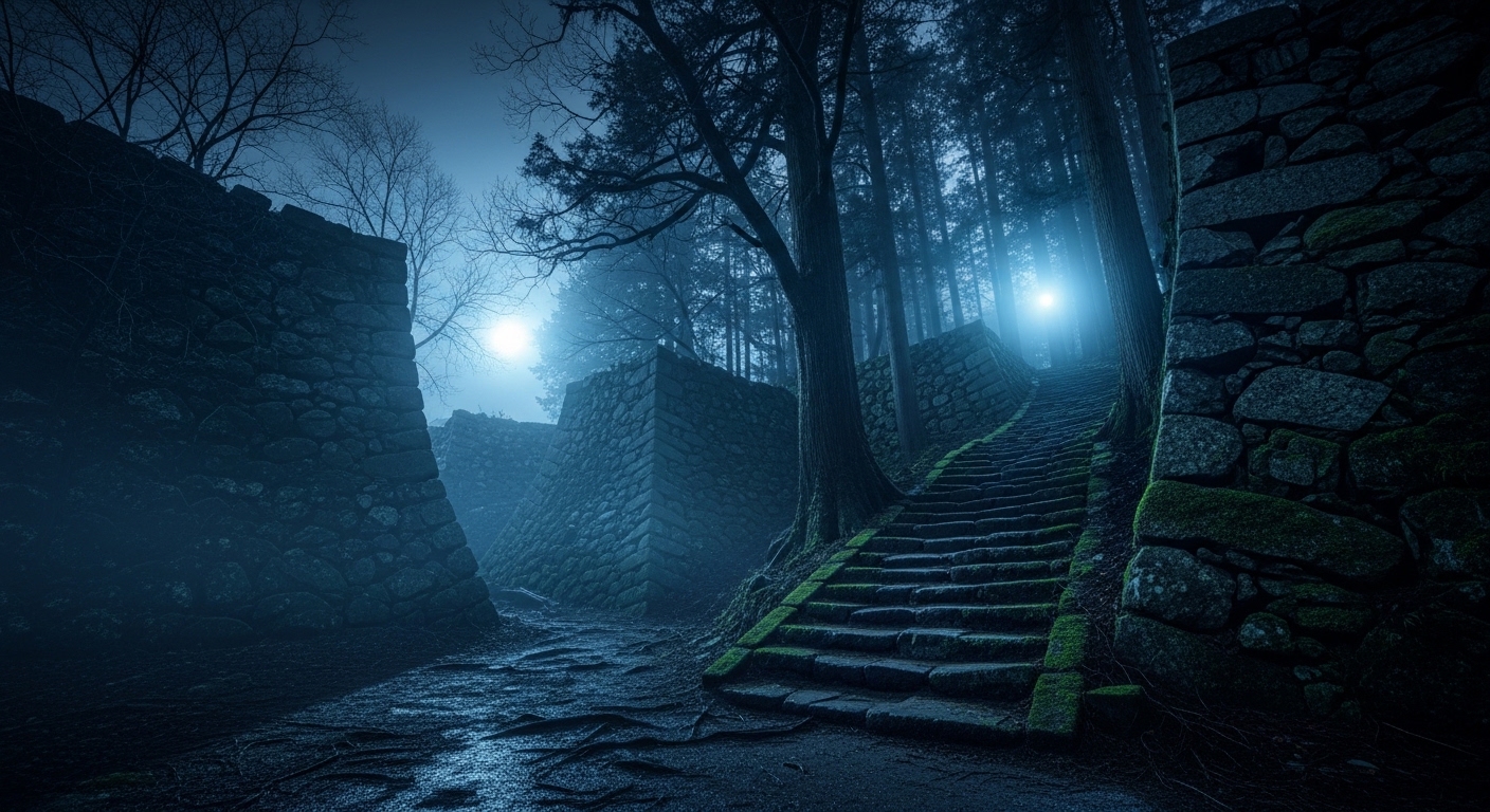 深夜の八王子城跡に漂う不気味な霧。八王子城跡の心霊現象を連想させる城跡の石垣と森。