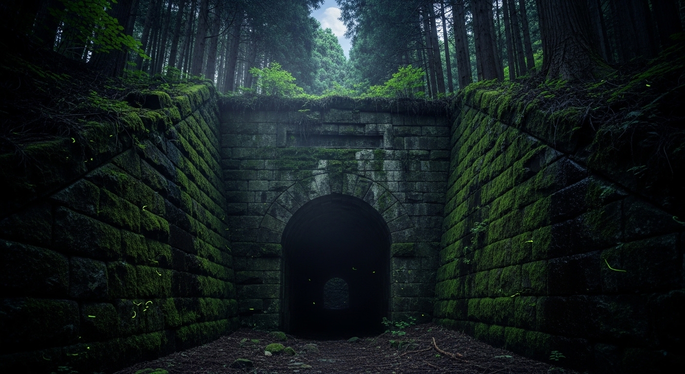 深夜の深い森に佇む不気味な旧小河内トンネル。奥多摩の心霊スポットを象徴する静寂と恐怖の風景。