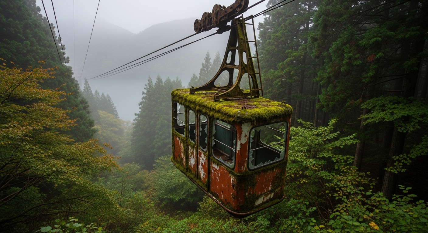 奥多摩湖付近に放置された奥多摩ロープウェイの錆びついたゴンドラ。奥多摩ロープウェイの心霊スポットとしての不気味な風景。
