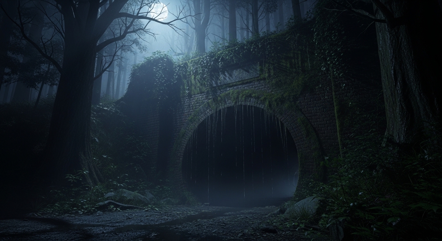 夜の深い森に佇む不気味な旧小峰トンネルの入り口。蔦に覆われた廃トンネルの風景。