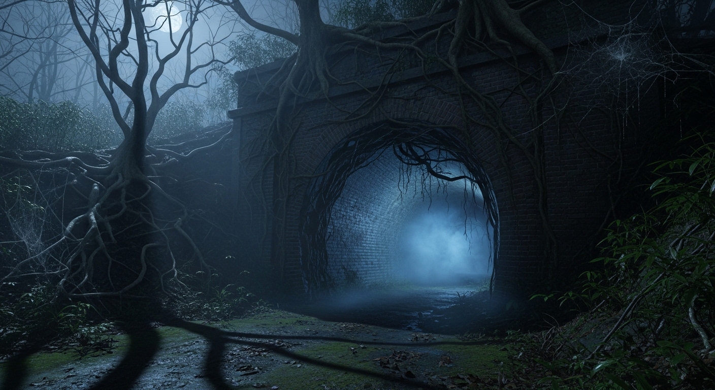 夜の深い霧に包まれた、不気味な煉瓦造りの旧吹上トンネルの入り口。