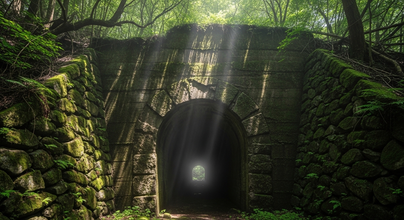 奥多摩の深い森にひっそりと佇む、苔むした不気味な海沢隧道の入り口。