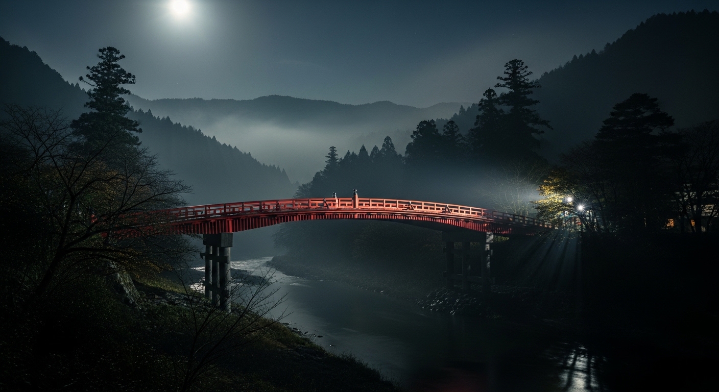 月明かりの下、霧に包まれた不気味な雰囲気の朱色の金比羅橋。