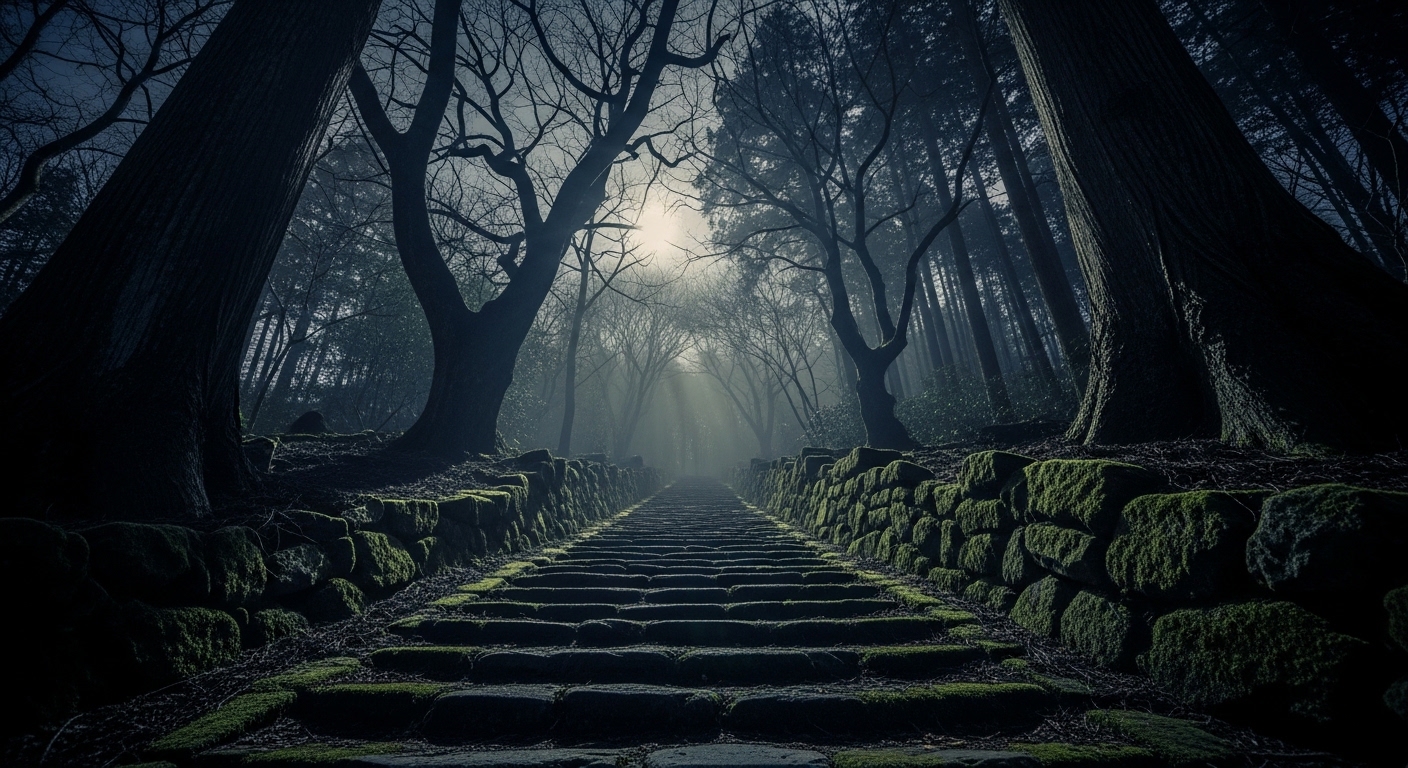 深夜の平山城址公園の心霊現象を彷彿とさせる、月明かりに照らされた不気味な森と古い階段。