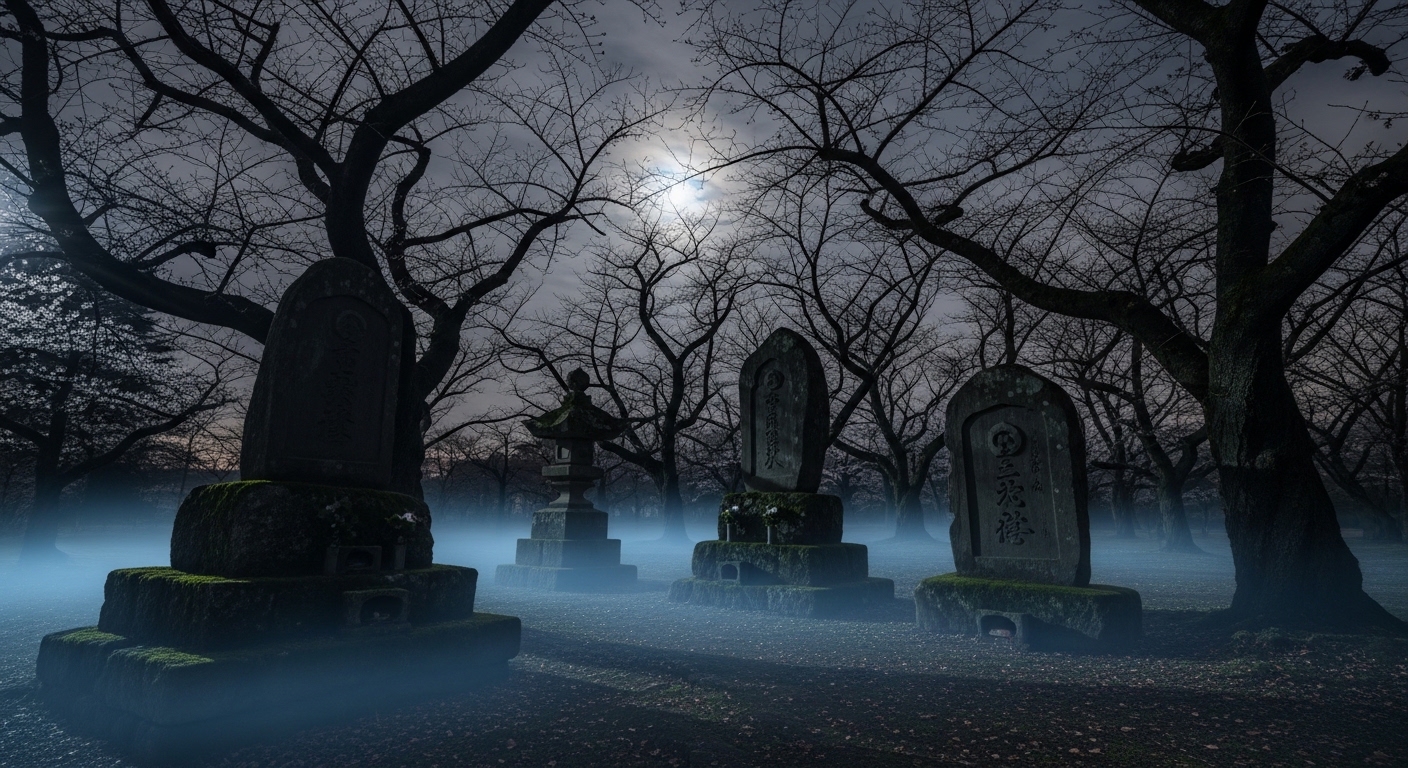 深夜の里見公園に漂う不気味な霧と夜泣き石。里見公園の心霊現象を象徴する静寂な風景。