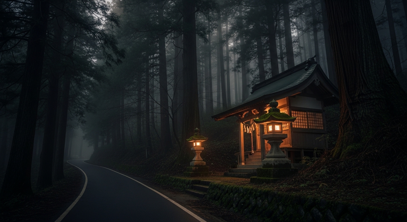 深夜の檜原村の霧深い山道。檜原村は怖いというイメージを彷彿とさせる神秘的で不気味な風景。