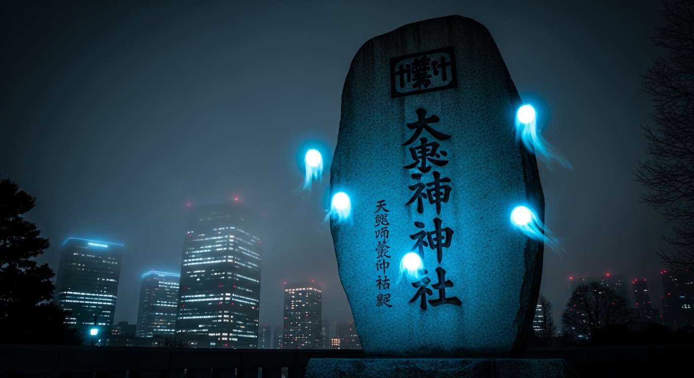東京の摩天楼の合間に佇む不気味な石碑。東京の心霊スポットランキングを象徴する、新旧が入り混じる恐怖の光景。