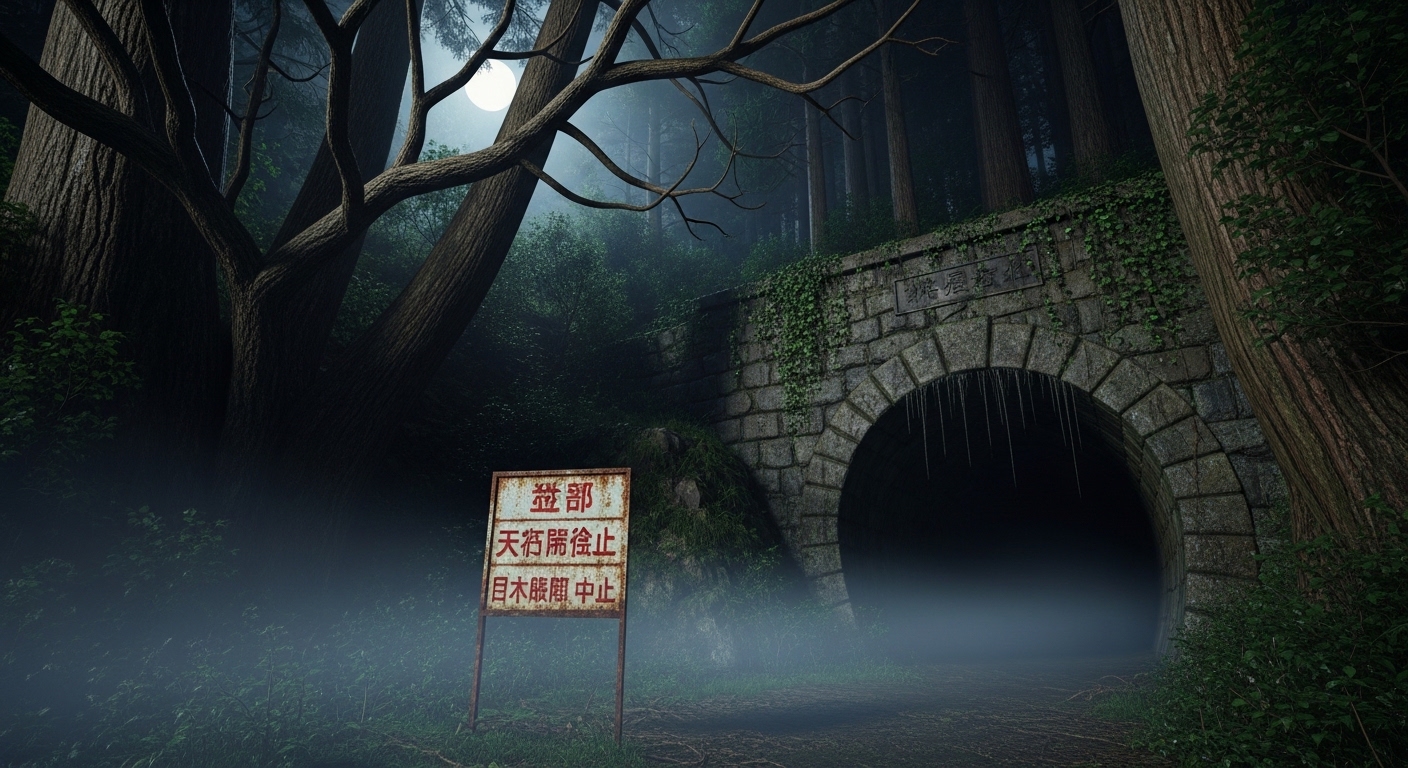 深夜の深い森にひっそりと佇む不気味な旧トンネルの入り口。関東の心霊スポットランキングを象徴する恐怖の風景。