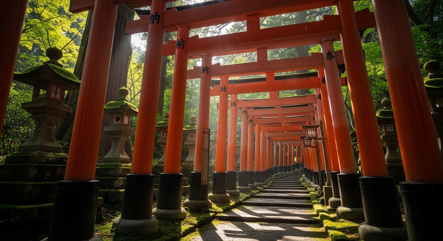 円山随身稲荷大明神のご利益を象徴する、芝公園の緑に囲まれた赤い鳥居と神聖な社。