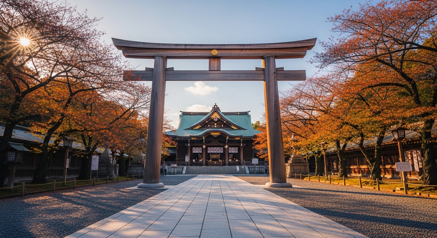 東京の九段北に鎮座する靖国神社の第一鳥居と、西向きに続く参道の美しい風景。