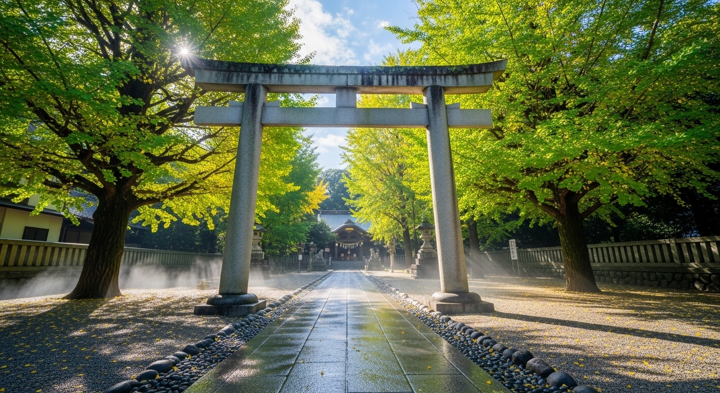 渋谷区幡ヶ谷にある幡ヶ谷氷川神社の石鳥居と参道。幡ヶ谷氷川神社のご利益を象徴する清々しい境内の風景。