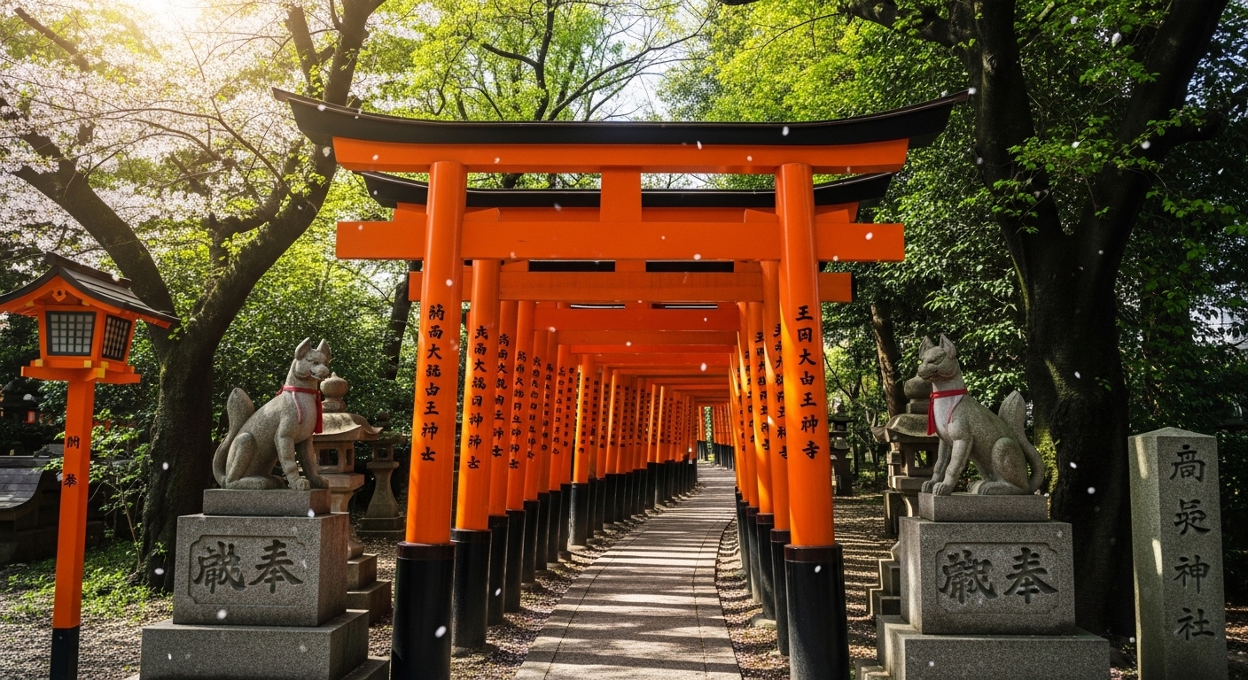 威光稲荷堂のご利益を感じさせる美しい朱色の千本鳥居と境内の狐像。