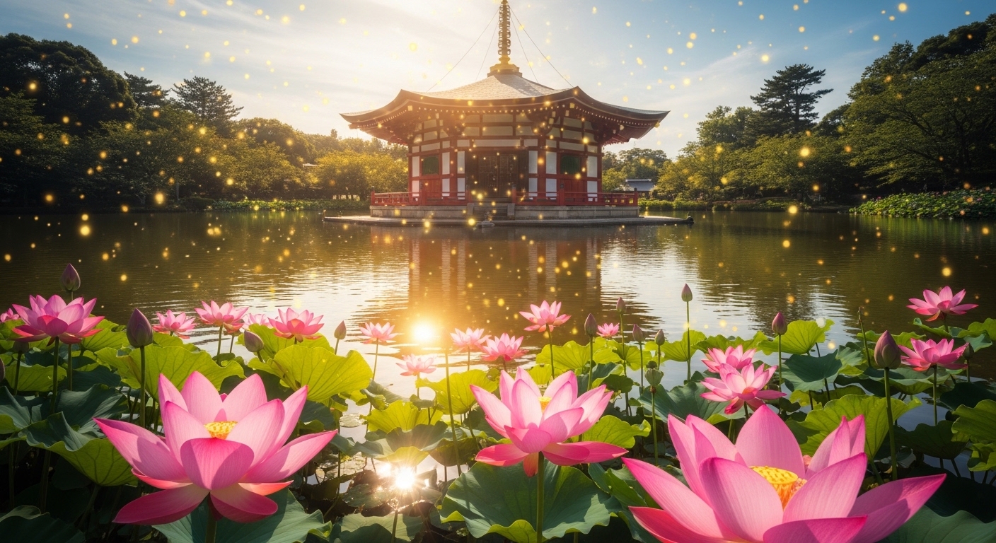 不忍池に咲く蓮の花と、光り輝く八角形の不忍池弁天堂。不忍池弁天堂のスピリチュアルな魅力を表現した神々しい風景。