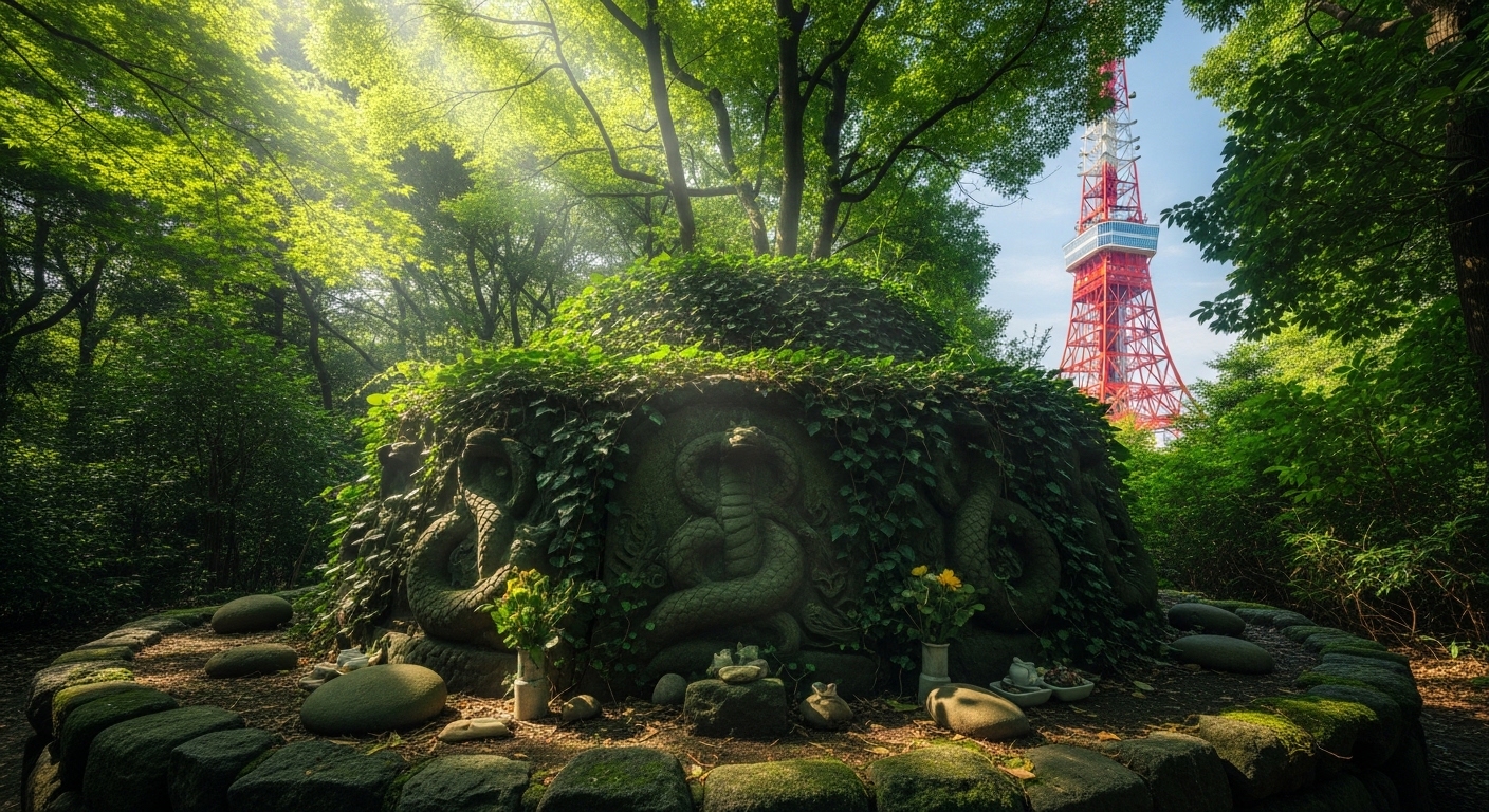東京タワー近くの蛇塚をイメージした、都会の森に佇む神秘的な石碑と、背景に見える東京タワーの風景。