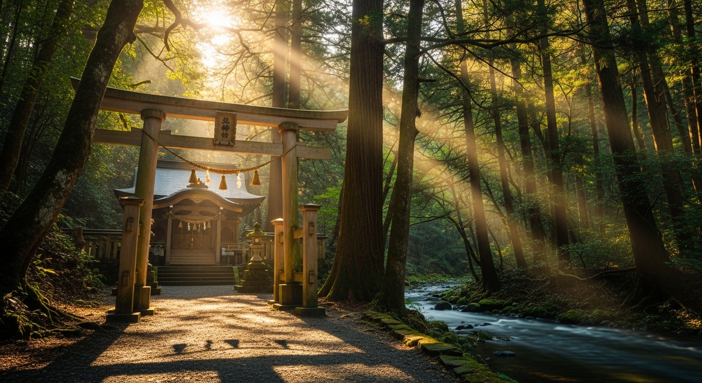 あきる野の深い森に鎮座する養沢五柱神社の鳥居と、神聖な光が差し込む境内。養沢五柱神社のご利益を象徴するような神々しい風景。