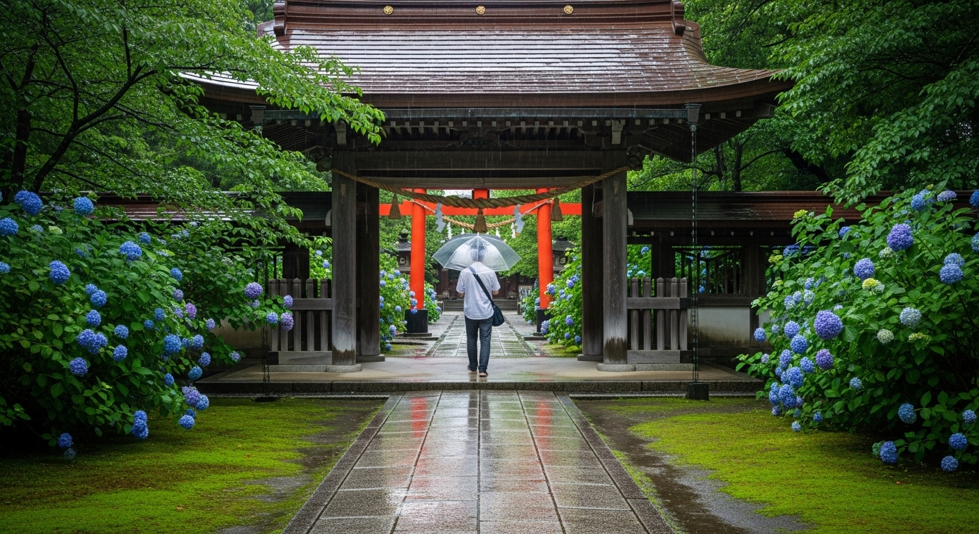 雨の日にいい神社をイメージした、透明な傘を差して苔むした境内を歩く参拝者と神秘的な鳥居。