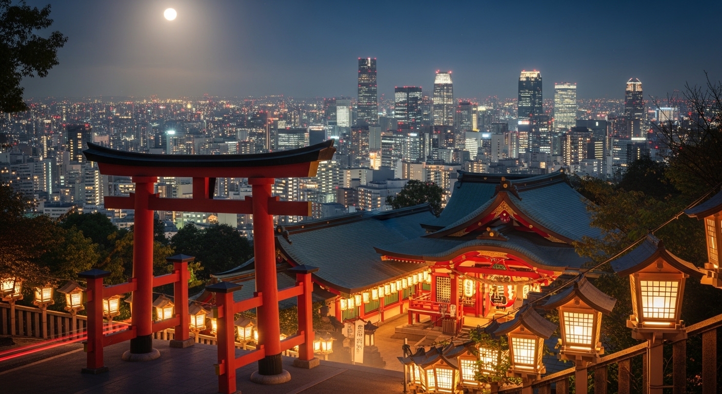 夜景が綺麗な神社。光り輝く街並みを見下ろす高台の鳥居と、温かな灯籠の光が重なる日本の風景。