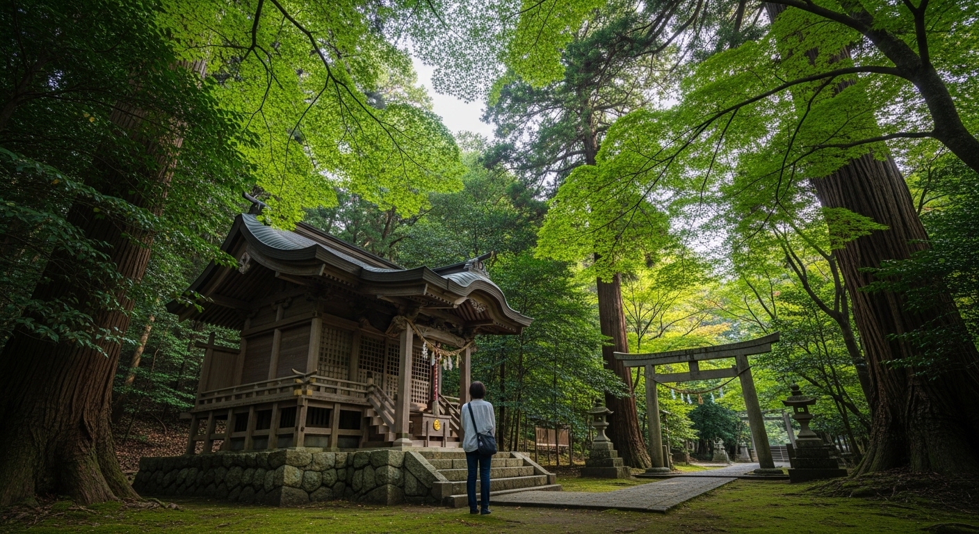 うつ病に悩む人のための東京の神社をイメージした、緑豊かな森の中で静かに参拝する人の風景。