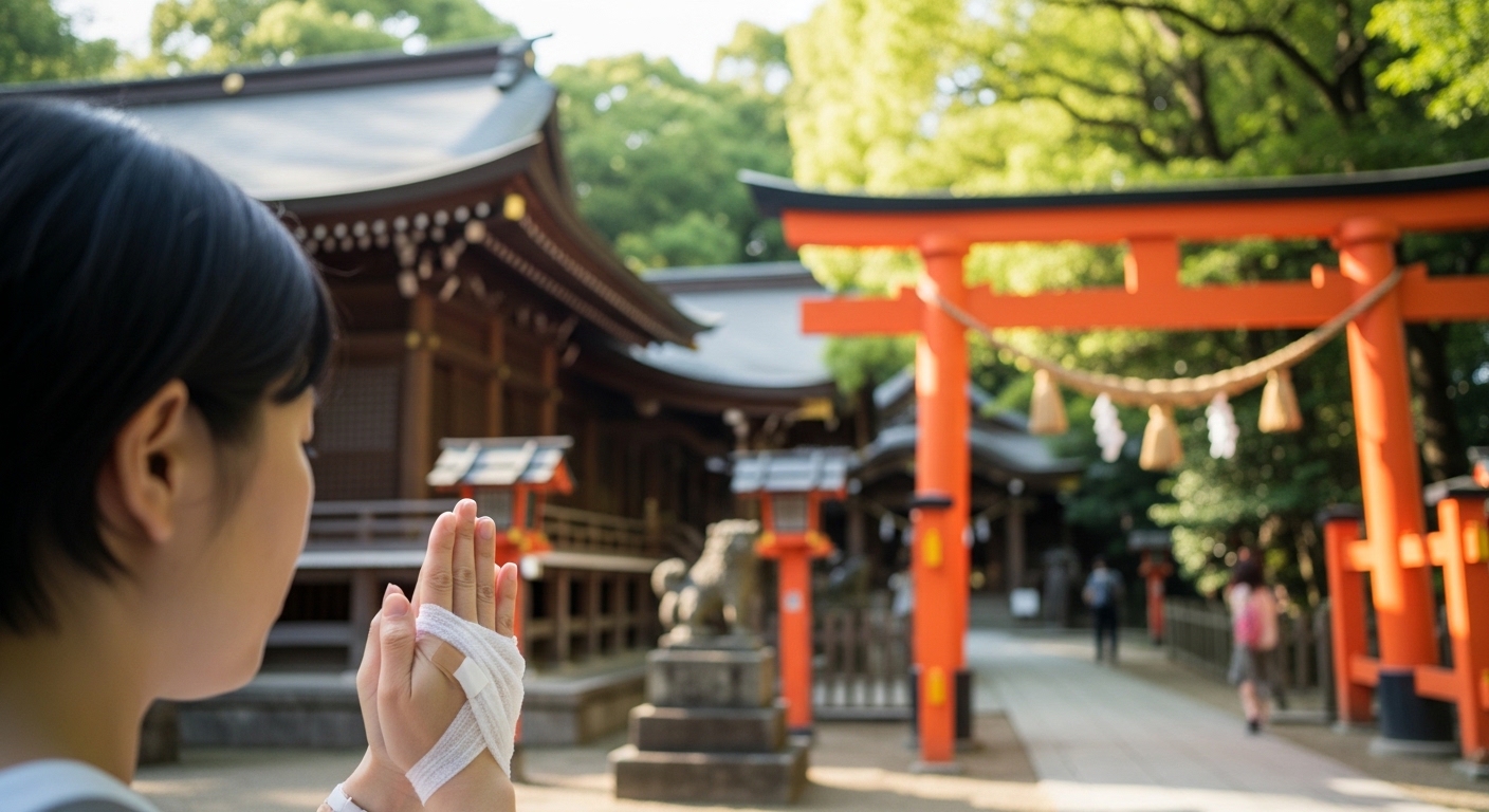 怪我の回復にご利益のある東京の神社で、怪我の早期完治を願って真剣に祈りを捧げる日本人の参拝風景。