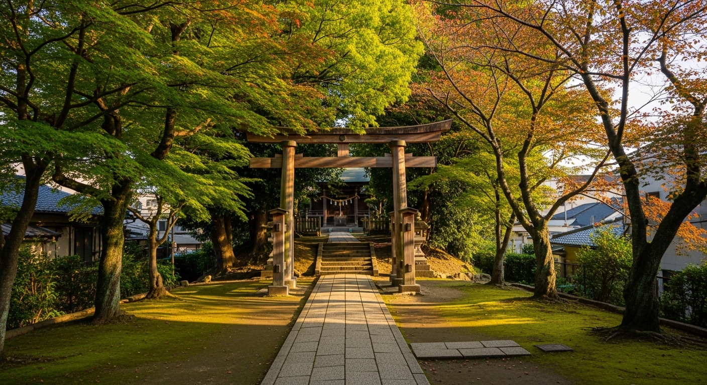 東京都大田区の神明山天祖神社。静かな高台に佇む鳥居と豊かな緑。