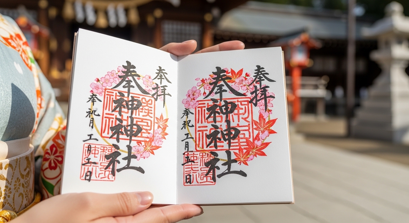 その月限定の御朱印を頂ける東京の神社をイメージした、季節の花々が描かれた華やかな御朱印帳。