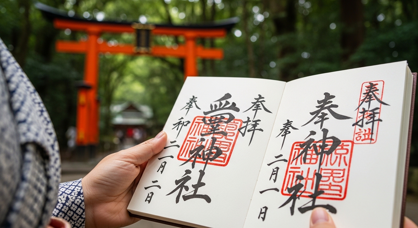 多摩地区で御朱印が頂ける神社の境内にて、美しい筆文字と朱印が押された御朱印帳を持つ日本人のイメージ画像。