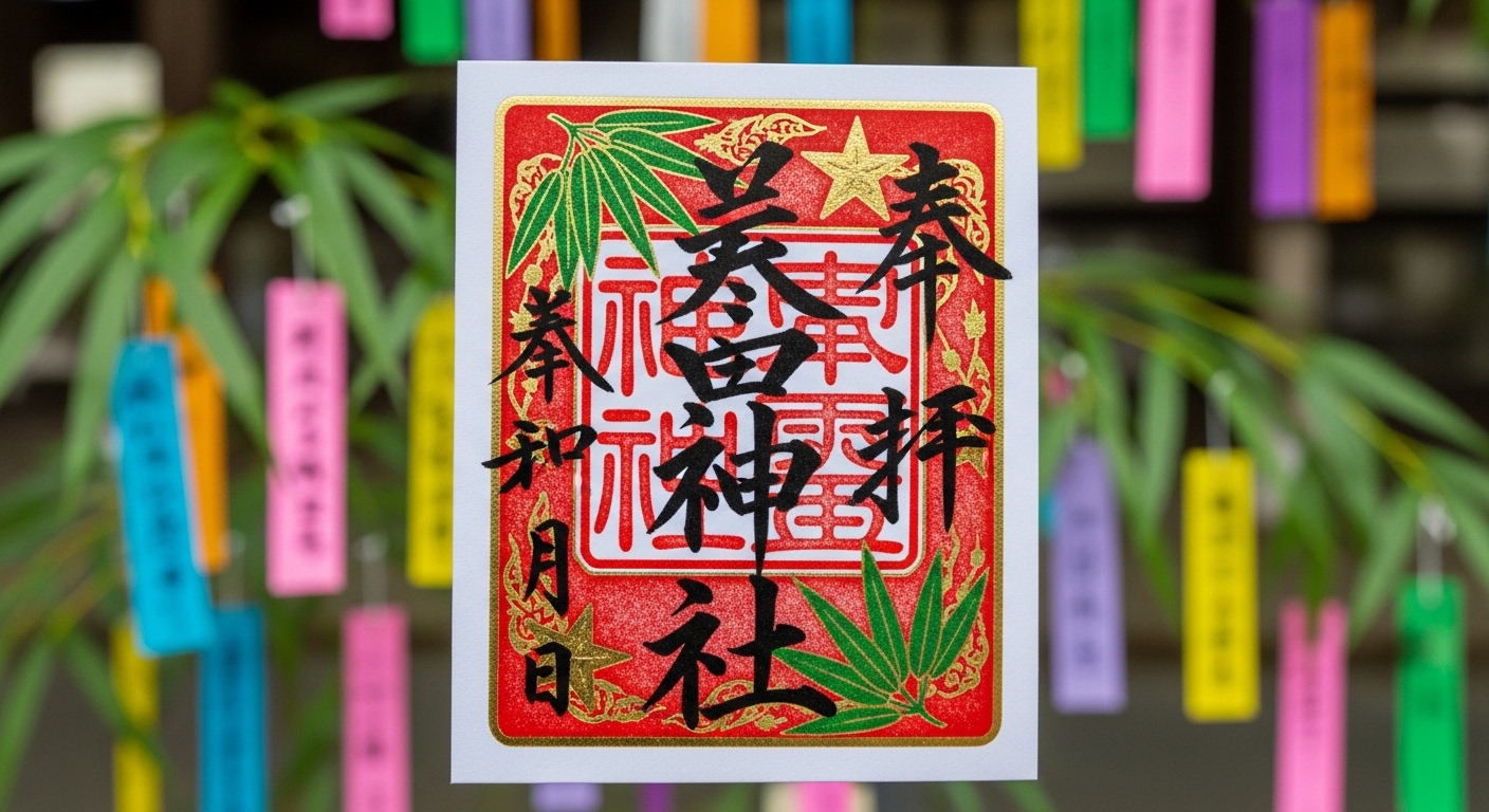 都内で七夕に御朱印が頂ける場所をイメージした、笹飾りと星のデザインが施された限定御朱印と境内の風景。