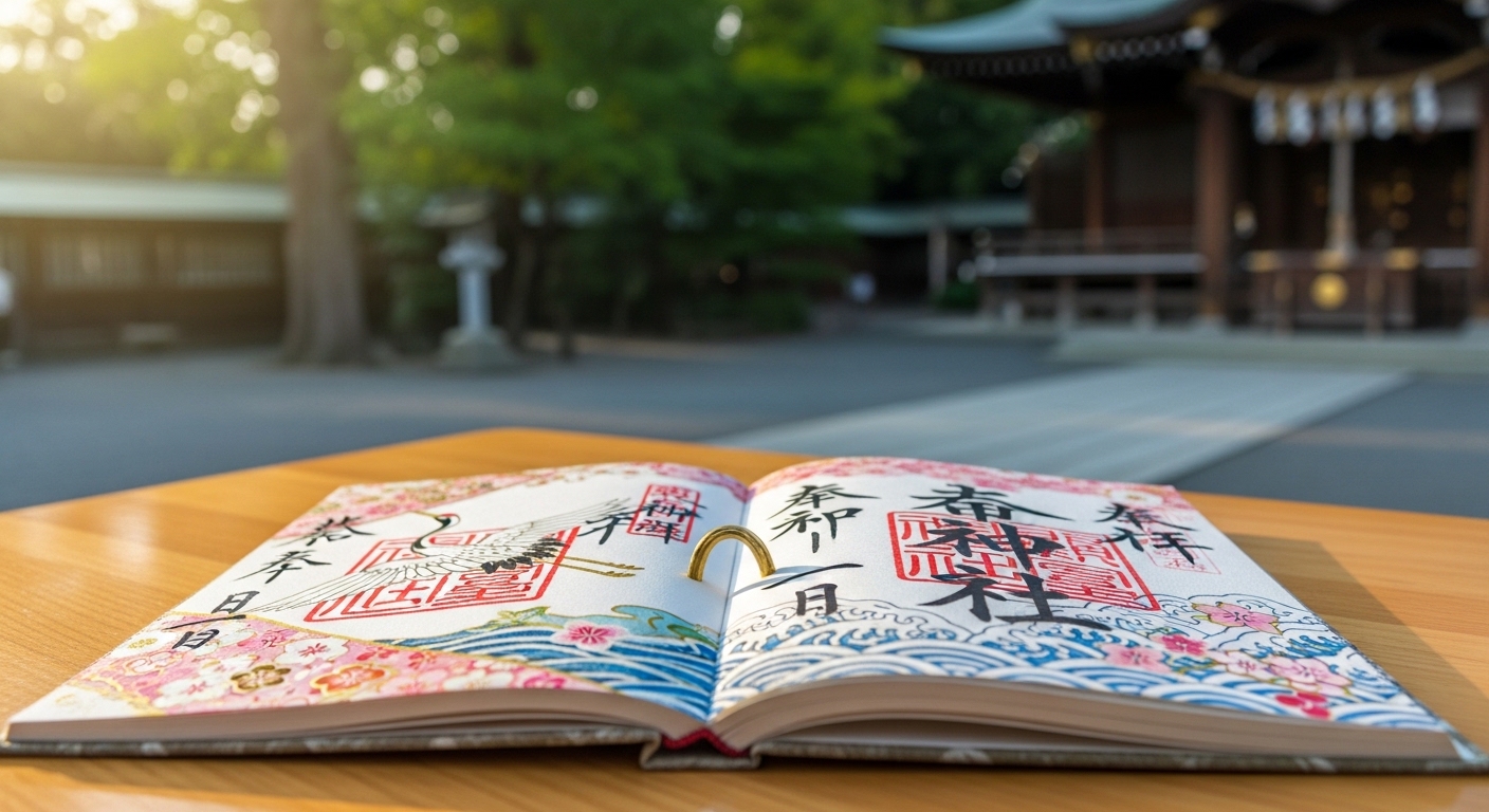 赤坂・乃木神社の境内で撮影された、伝統的な文様が美しい乃木神社の御朱印帳のイメージ画像。