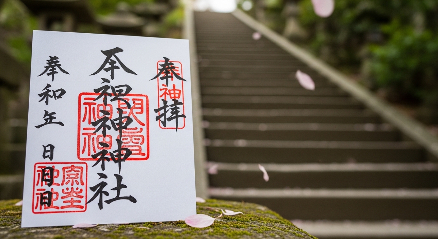 愛宕神社の限定御朱印と、出世の石段を背景にした幻想的なイメージ画像。