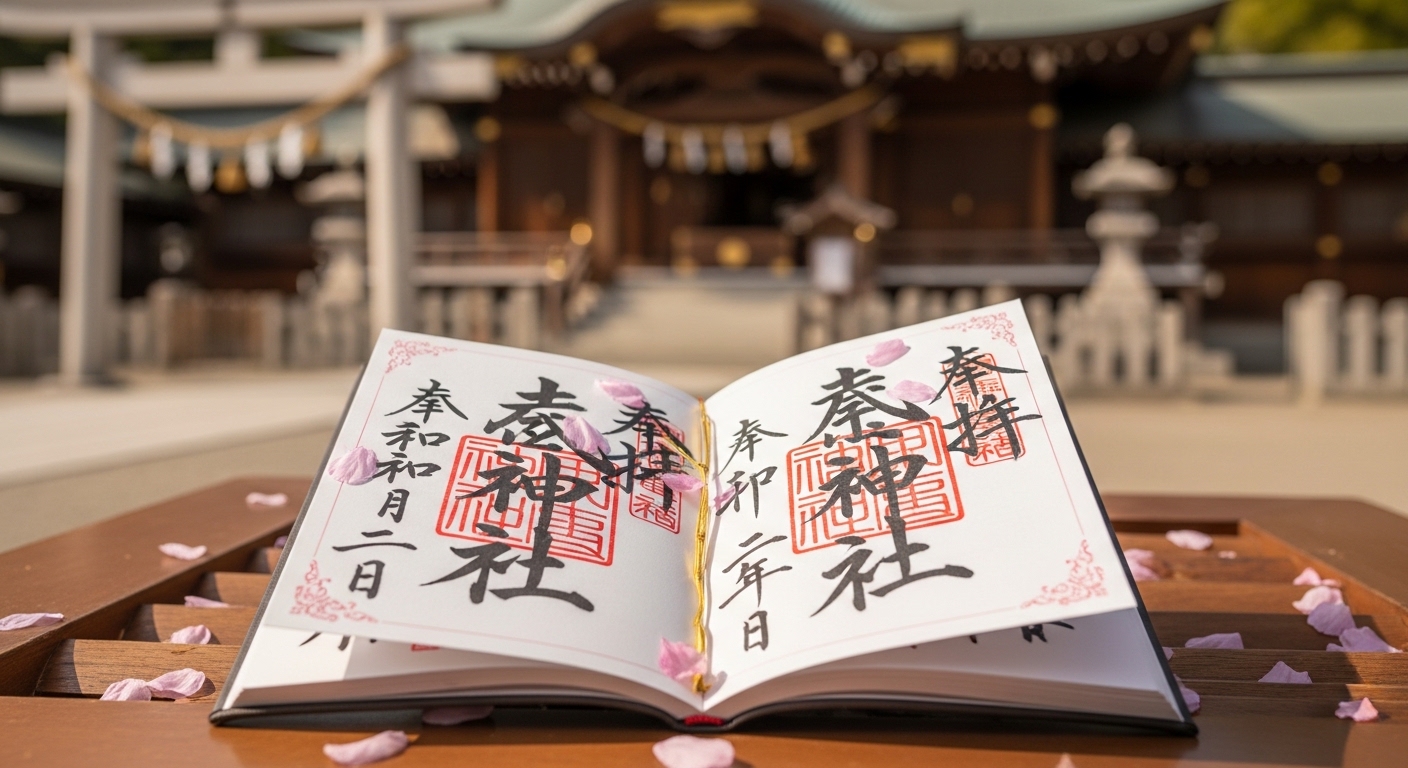 東京大神宮の御朱印4社巡りを象徴する、神社の境内を背景にした華やかな御朱印帳。