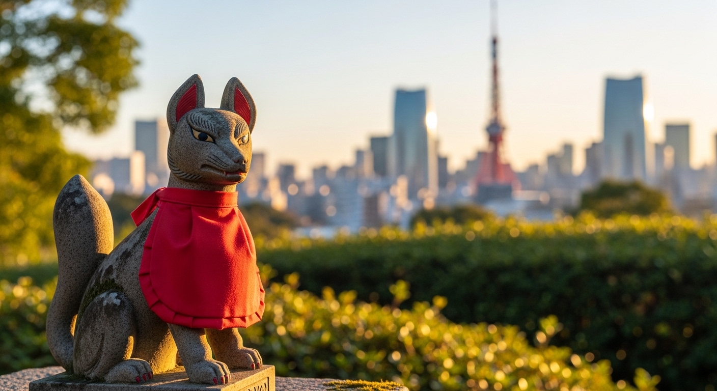 港区の金運稲荷神社の狐像。背景に東京タワーと高層ビルが広がる、都会のパワースポットのイメージ画像。