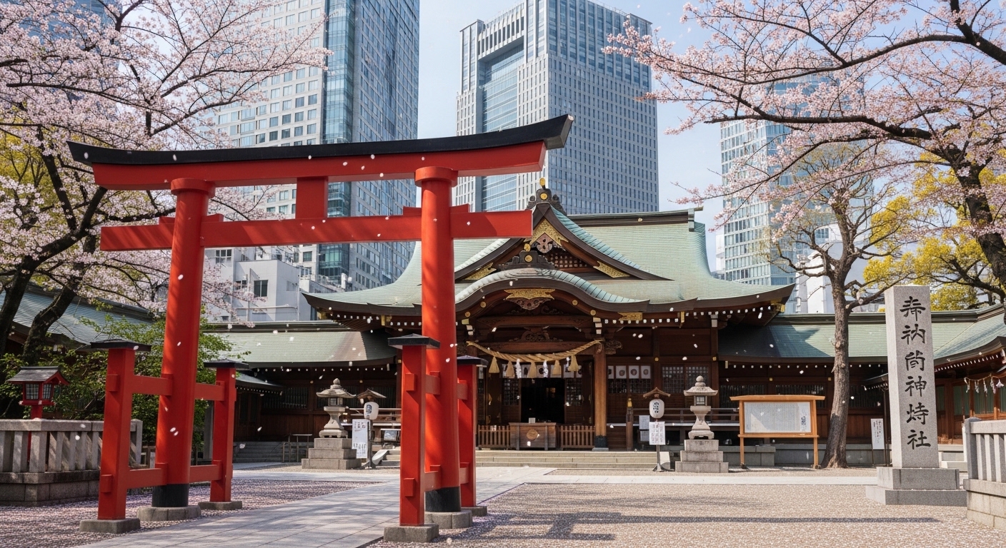 六本木の櫻田神社をイメージした、都会のビル群の間に佇む伝統的な社殿と鳥居の風景。