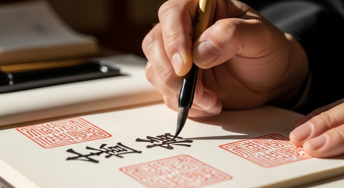 直書きの御朱印が頂ける東京の神社で、神職が御朱印帳に筆で一字ずつ丁寧に書き上げる様子。