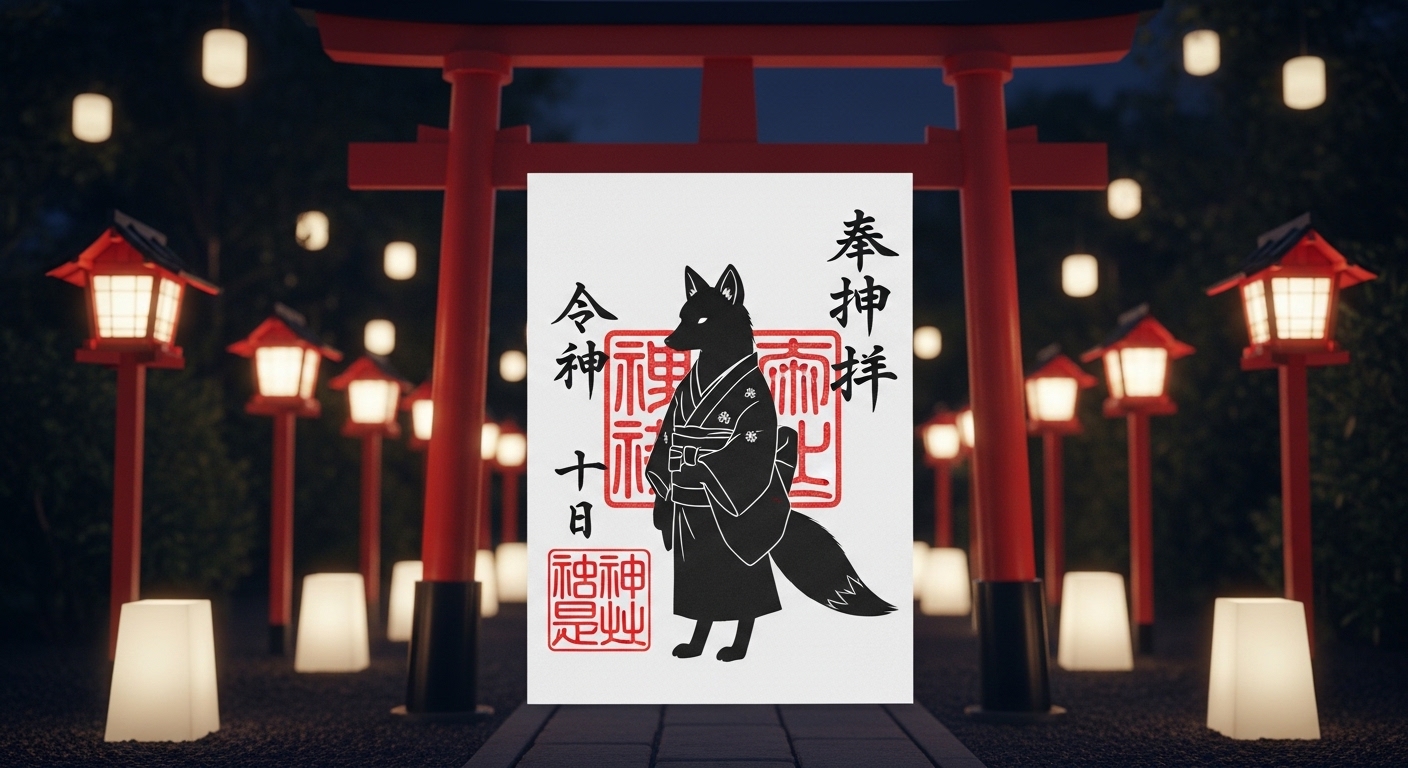 装束稲荷神社の御朱印と、伝説の狐の行列をイメージした赤い鳥居と提灯の風景。