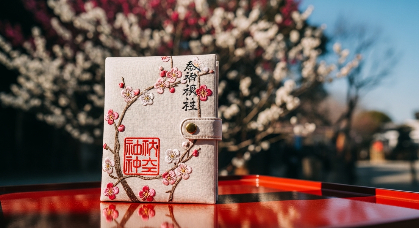 湯島天神の御朱印帳をイメージした、梅の花がデザインされた華やかな御朱印帳と満開の梅。