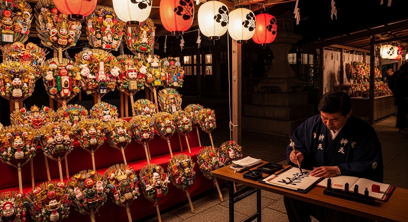 花園神社酉の市の御朱印と、豪華な熊手が並ぶ新宿の賑やかなお祭りの風景。