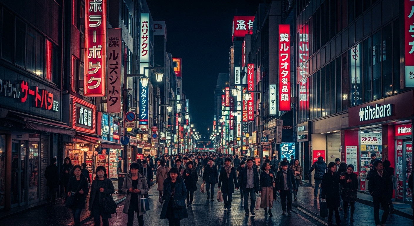 今の秋葉原はつまらない？という疑問を背景に、ネオン輝く現代の秋葉原の街並みと行き交う人々の風景。