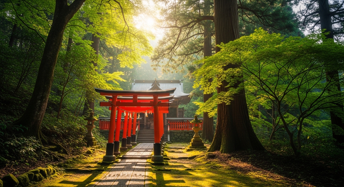 人間関係が良くなる関東の神社をイメージした、緑豊かな森の中に佇む朱色の鳥居と社殿の風景。