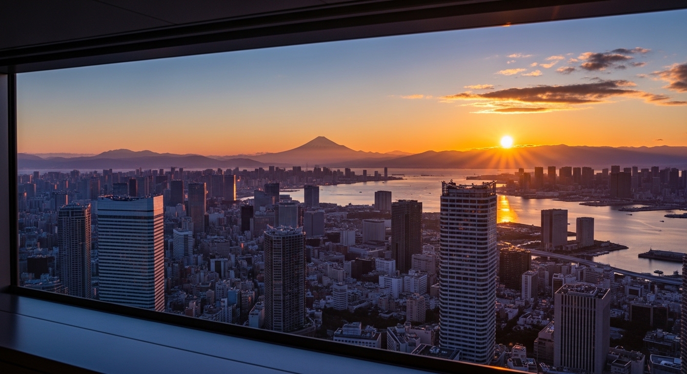 東京で日の出がきれいに見える場所を象徴する、高層ビル群の背後から昇る黄金色の太陽。