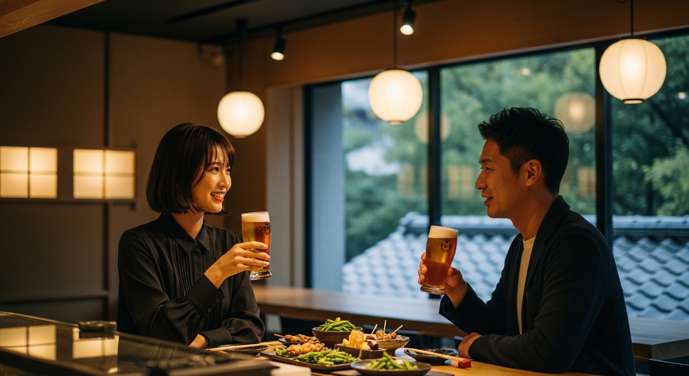 西東京の大人の遊び場をイメージした、吉祥寺の洗練されたバーで落ち着いた時間を過ごす日本人の様子。