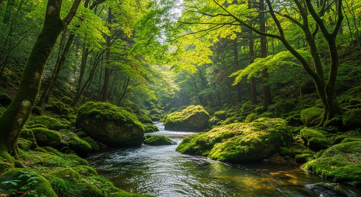 西東京の自然観光を象徴する、奥多摩の美しい渓流と木漏れ日が差し込む緑豊かな森。