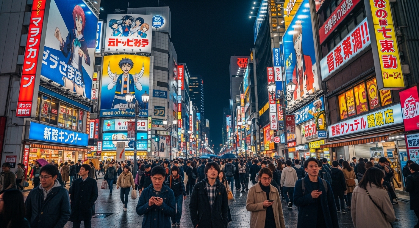 東京オタク観光をイメージした、ネオンとアニメ看板が輝く夜の秋葉原電気街の風景。