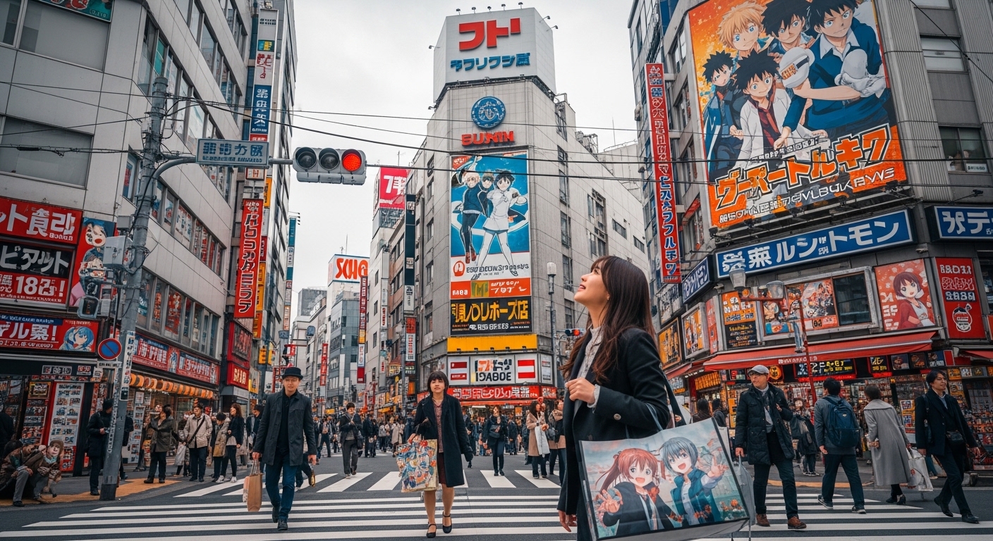 秋葉原のアニメ聖地を象徴する、カラフルなアニメの看板と賑やかな電気街の街並み。