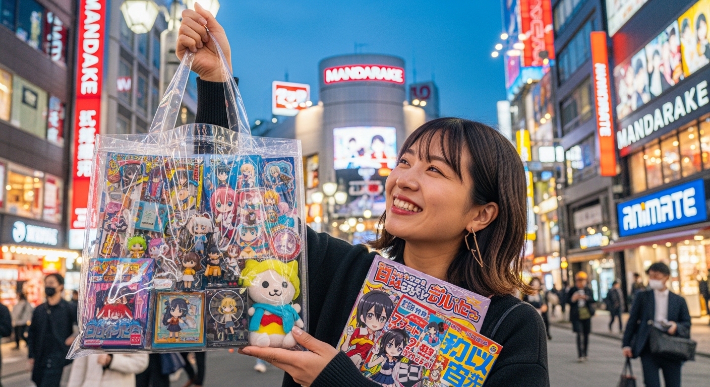 秋葉原で推し活をイメージした、戦利品のグッズを持ってネオン輝く街並みを歩く日本人の風景。