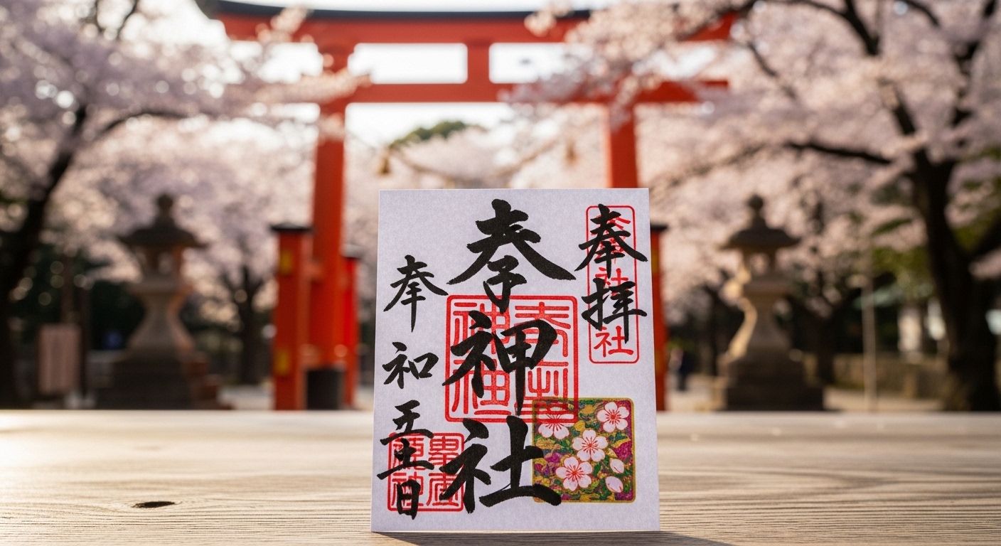 秋葉神社で誕生日に頂ける御朱印をイメージした、社殿と桜を背景に美しく記された御朱印帳の風景。