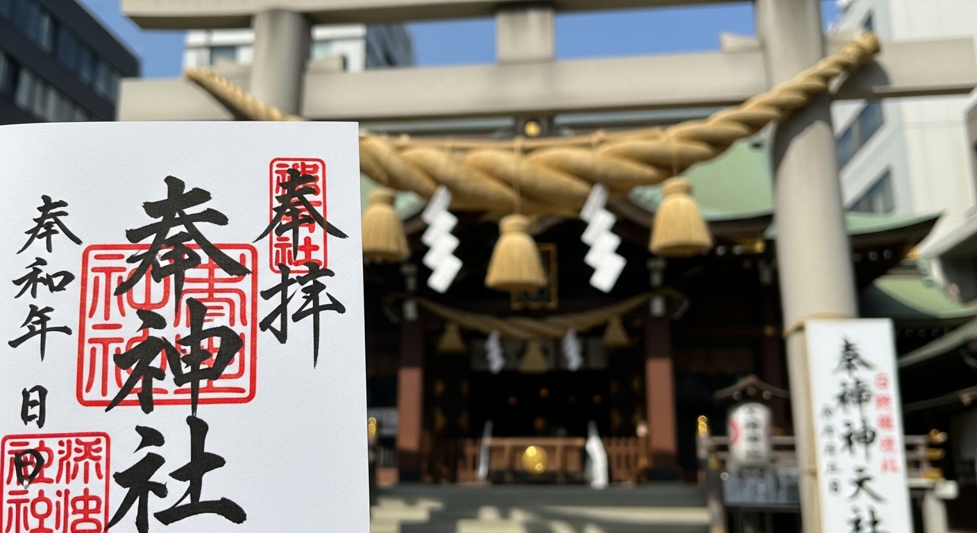 六本木出雲大社の御朱印と、背景に映る出雲大社東京分祠の大きな注連縄。