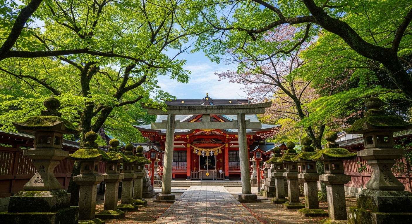 中野大和八幡神社の静かな境内に佇む、伝統的な社殿と石灯籠の風景。