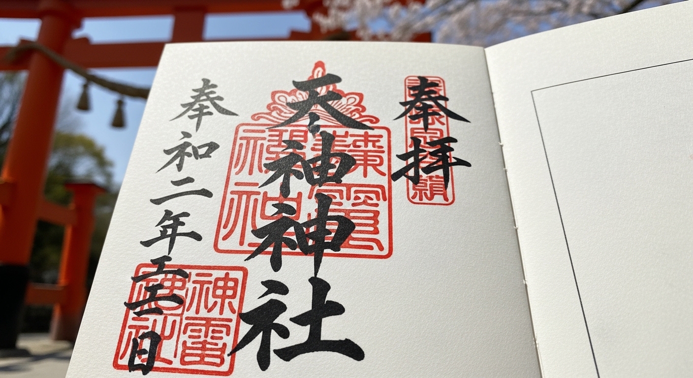 最強開運日に御朱印を頂ける東京の神社のイメージ。朱色の鳥居を背景にした、美しく記された御朱印。