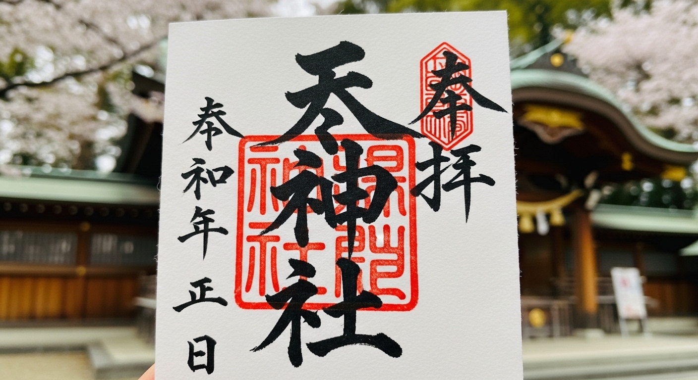 限定御朱印を頂ける浅草の神社をイメージした、鮮やかな朱印と達筆な墨書きが施された御朱印帳。